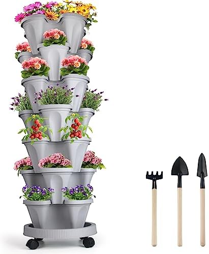 DUNCHATY Stackable Planter with Removable Wheels and Tools, Garden Planting Tower Planters, Indoor Outdoor Gardening Pots - 7 Tier Vertical Garden Planter
