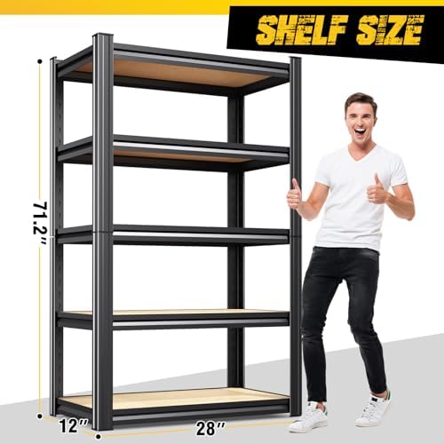 5-Pack Garage Shelving for Home Storage & Multi-Room Organization, 71" H x 28" W x 12" D 5-Tier Adjustable Metal Storage Rack for Tools, Household Essentials, Garage, Pantry & Basement Storage