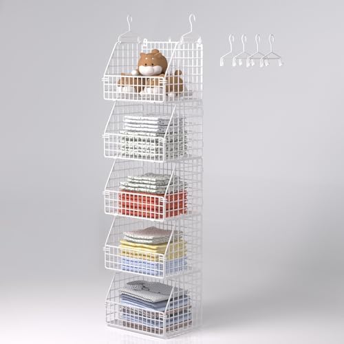 PUPPYCUTE Hanging Closet Organizer and Storage, Clothes Hanging Shelves Wire Baskets for Clothing Sweaters Purse Handbags Shoes White 5 Tier