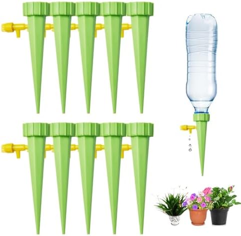 10 Pack Self Watering Spikes for Plant,Indoor & Outdoor Automatic Plants Waterer,Plug-in Device with Adjustable Valve Switch, Self Watering Planter Insert (10 Green)