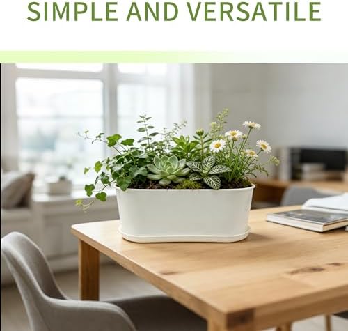 5-Pack White Herb Planter Box with Drip Trays, 8.5 Inch Small Oval Window Planters for Kitchen Sill, Indoor Outdoor, Perfect for Basil, Mint, Succulents, Flowers