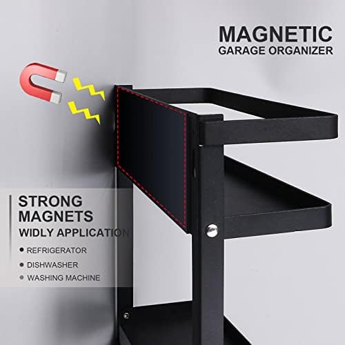Magnetic Paper Towel Holder with Multi-Layer Storage Shelf, Stable Magnetic Organizer for Refrigerator, Garage Tool Cabinet and RV, Wall Mount Spice Rack and Paper Roll Hanger (Large- Black)