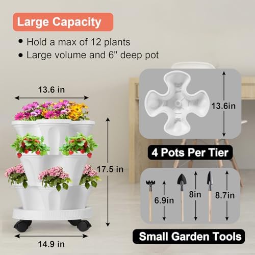 GameXcel Vertical Planter Tower - 3 Tier Stackable Garden Planters with Wheels and Tools Plant Pots for Strawberry Herb Flower and Vegetable Indoor Outdoor Use White