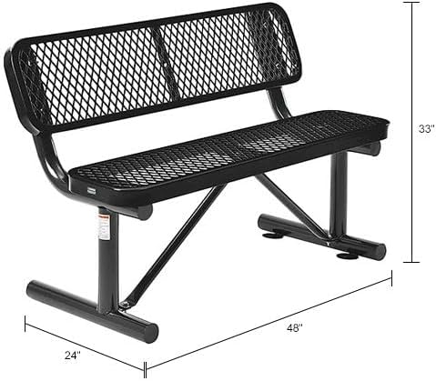 Global Industrial 4'L Heavy Duty Expanded Metal Mesh Bench with Backrest with Steel Frame, Portable Outdoor Bench, 1000 lbs Capacity, Black, 48" L x 24" W x 33" H