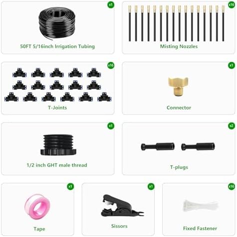 50FT Drip Irrigation System for Garden – Automatic Watering Kit with Solid Brass Metal Connectors, 360° Bendable Tubing &16 Adjustable Nozzles for Greenhouse, Lawn, Yard & Plants
