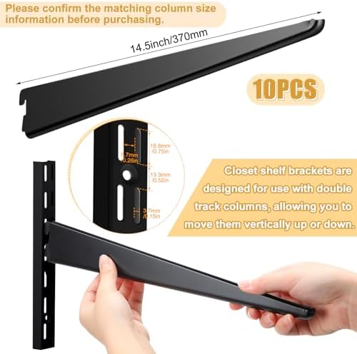 Yalikop 10 Pack Adjustable Shelf Brackets for Double Track System Closet Organization Heavy Duty Wire Shelf Brackets (Black,14.5 Inch)