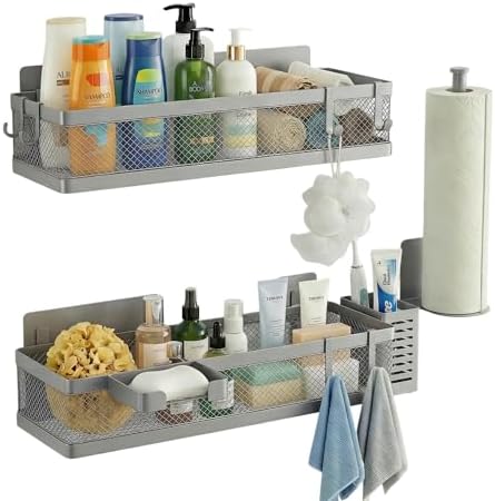 PUSDON 5-in-1 16.5" Extra Long Slim Wall Mount Wrapped Mesh Kitchen Organizer & Shower Caddy Kit, with Paper Towel Holder, Utensil Holder, Soap Dish, Holds 50LBS - Silver Gray, Netting