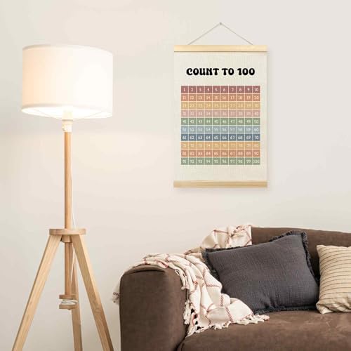 TLESKE Boho Classroom 1-100 Number Hundreds Chart Poster Hanger Frame, Homeschool Hanging Wall Art Decor for Toddlers Kids Room Nursery Playroom, Preschool Prek Learning Educational Poster, 16x24