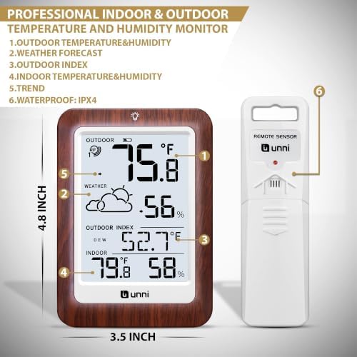 Indoor Outdoor Thermometer Wireless Weather Station, Temperature Humidity Monitor Battery Powered Inside Outside Thermometers with 330ft Range Remote Sensor and Backlight Display（Dark Wood）