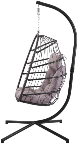 Classic Egg Hammock Chair with Stand, Weather-Resistant PE Rattan & Steel Frame, Indoor/Outdoor Hanging Chair for Patio, Garden, Living Room - Cushioned Seat & Headrest (Light Grey)
