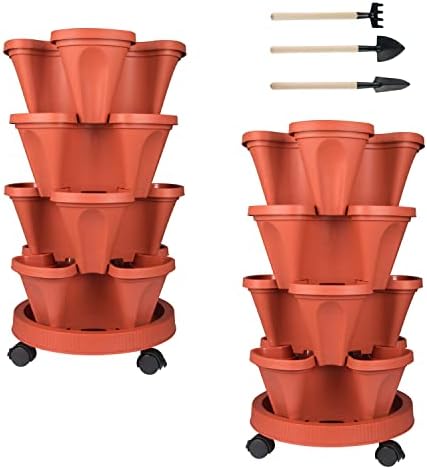 GameXcel Vertical Planter Tower - 4 Tier Stackable Garden Planters with Wheels and Tools Plant Pots for Strawberry Herb Flower and Vegetable Indoor Outdoor Use Red 2 Pack