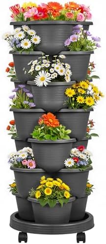 VECELO 7 Tier Vertical Garden Planter, Self Watering Stackable Planters with Wheels for Strawberries, Herbs, Flowers, Vegetables, Dark Gray