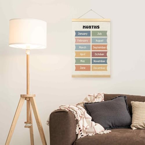 TLESKE Boho Classroom Months of the Year Poster Hanger Frame, Homeschool Hanging Wall Art Decor for Toddler Kids Room Nursery Playroom, Preschool Prek Learning Educational Poster Print Banner, 16x24