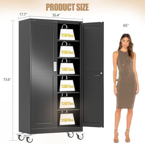 74" H Metal Pantry Storage Locker Cabinet with Wheels,Rolling Kitchen Pantry Cabinet with 2 Doors and 5 Adjustable Shelves, Lockable Steel Garage Tool Cabinet Organization for Home,Gym,School,Black