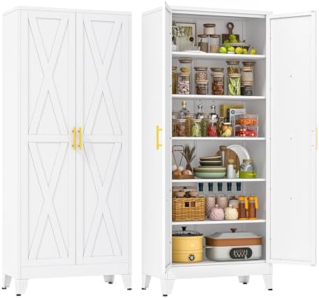 75" Metal Kitchen Pantry Storage Cabinet with 2 Doors and 5 Adjustable Shelves,White Farmhouse Pantry Cabinet,Steel Garage Tool Cabinet Freestanding Cupboard for Kitchen,Dinning Living Room