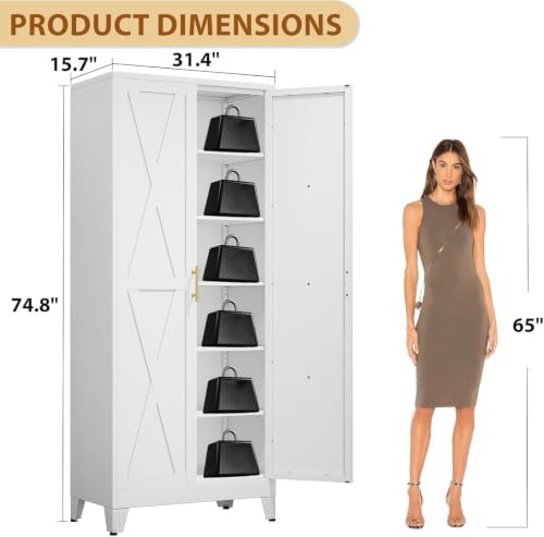 75" Metal Kitchen Pantry Storage Cabinet with 2 Doors and 5 Adjustable Shelves,White Farmhouse Pantry Cabinet,Steel Garage Tool Cabinet Freestanding Cupboard for Kitchen,Dinning Living Room