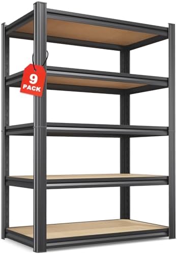 Set of 9-71"H Garage Shelving-5 Tier Garage Storage Shelves,Adjustable Heavy Duty Metal Shelving Unit and Storage Large Rack,Utility Steel Shelf for Warehouse Industrial Pantry Basement,32"Wx14"D
