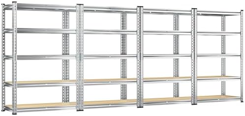REIBII Garage Shelving, 5 Tier Storage Shelves Load 2400LBS, Adjustable Garage Shelving Heavy Duty, Metal Shelving Unit with Waterproof Columns, 35.5" W x 11.9" D x 72" H, Galvanized, 4 Pack