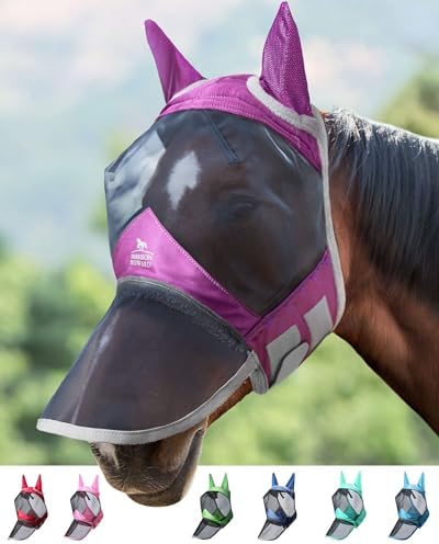 Harrison Howard CareMaster Pro Luminous Horse Fly Mask Large Eye Space Long Nose with Ears UV Protection for Horse Dark Magenta M Cob