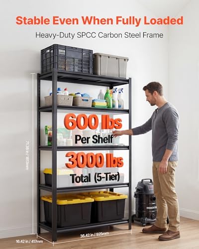 VEVOR Storage Shelves, 5-Tier Adjustable, 3000 lbs Capacity, Heavy Duty Garage Storage Shelving Unit, Metal Utility Rack Shelf, for Garage Warehouse Basement Kitchen, 36.42" W x 16.42" D x 71.38" H