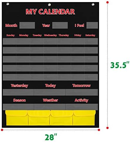 Black Calendar and Weather Pocket Chart with 148 Cards,(108 Illustrated Activity Cards, 40 Dry Erasable Flash Cards and 3 Hooks 28"x35.5")