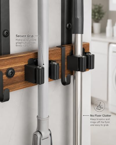 Broom and Mop Holder Wall Mount, 27" Large Organizer with Wood Shelf