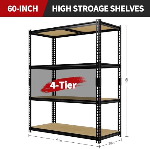 Heavy Duty Garage Storage Shelves, 2000 Lbs Capacity, 4-Tier Adjustable Storage Shelving Unit, 40" L x 20" W x 60" H Metal Shelving Racks for Kitchen Pantry Basement Bathroom Laundry