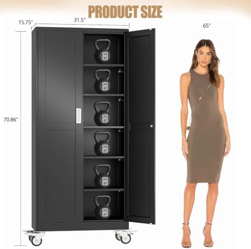 75" H Metal Pantry Storage Locker Cabinet with Wheels,Rolling Kitchen Pantry Cabinet with 2 Doors and 5 Adjustable Shelves, Lockable Steel Garage Tool Cabinet Organization for Home,Gym,School,Black