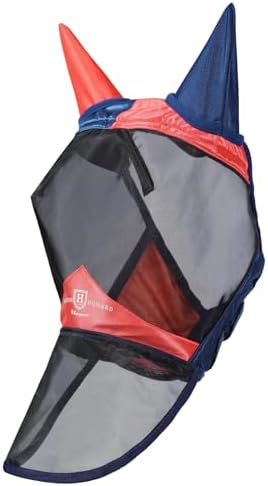 Harrison Howard Pro Luminous Horse Fly Mask Large Eye Space Full Face UV Protection for Horse Coral Orange/Navy XL