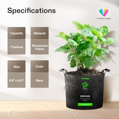VIVOSUN 10-Pack 7 Gallon Plant Grow Bags, Heavy Duty Thickened Nonwoven Fabric Pots with Handles