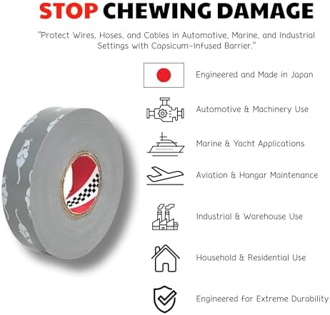 Rodent Anti-Chew Deterrent Tape – Replacement for Honda Rodent Tape OEM 4019-2317 Japanese-Engineered Capsicum-Infused Barrier for Automotive, Marine, Industrial Wire Harness Protection 3/4 in x 65 ft