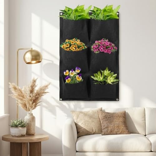 WFIST Vertical Hanging Planter Bag, Breathable Felt Wall Garden Planter with Metal Grommets, Indoor/Outdoor Space-Saving Herb & Flower Growing Pouch (6-Pocket)