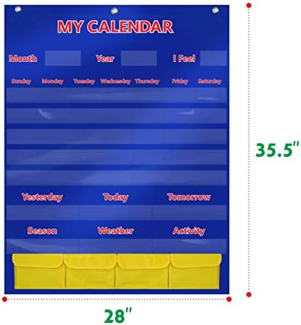 SpriteGru Calendar and Weather Pocket Chart with 148 Cards,(108 Illustrated Activity Cards, 40 Dry Erasable Flash Cards and 3 Hooks 28"x35.5"),Alphabets, Blue