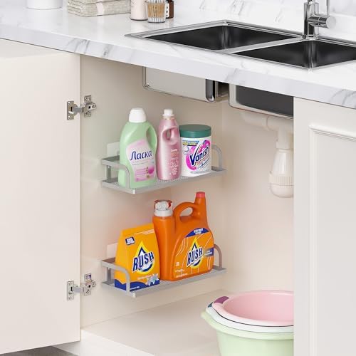 PUSDON 2-Pack Wide Hollowout Shower Caddy & Spice Rack, Wall Mount Bathroom Organizer with Mesh Bottom, Easy Access Cabinet Door Shelf Holds 50LBS - Silver Gray, Hollowout