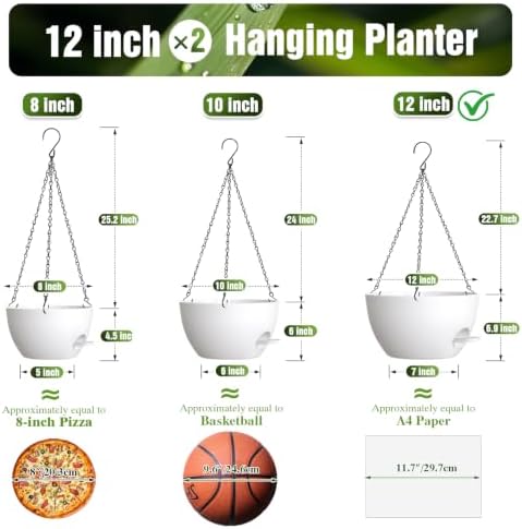 12 Inch Large Self Watering Hanging Planters 2 Pack with Saucers