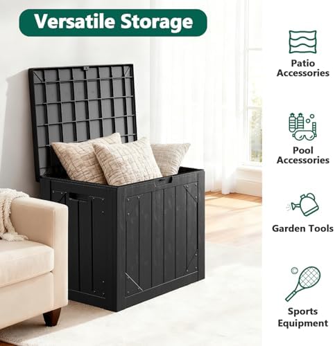 Outdoor Storage Box,30 Gallon Deck Box Outdoor Storage Bench Outside Waterproof Resin Storage Bench, Lockable Patio Cushions, Garden Tools Storage For Furniture, UV Resistant Black