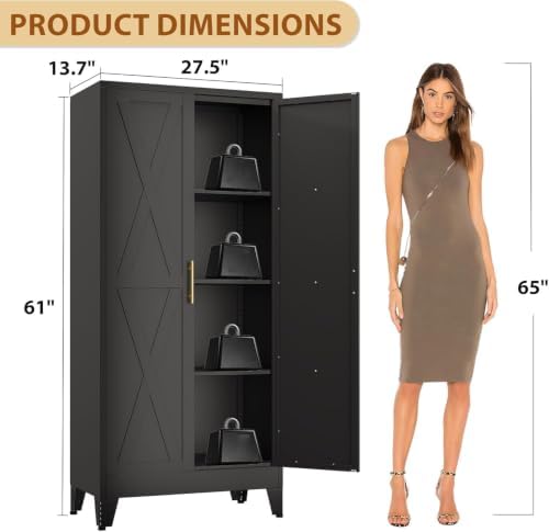 61" Metal Kitchen Pantry Storage Cabinet with 2 Doors and 3 Adjustable Shelves,Black Farmhouse Pantry Cabinet,Steel Garage Tool Cabinet Freestanding Cupboard for Kitchen,Dinning Living Room