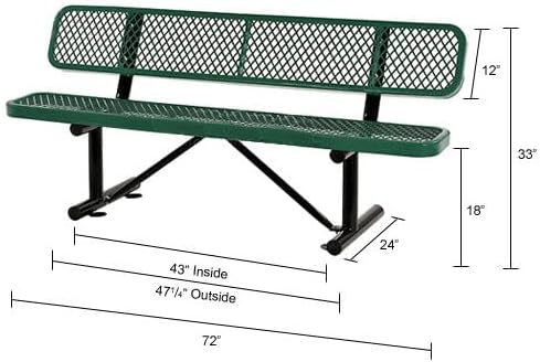 Global Industrial 6'L Heavy Duty Expanded Metal Mesh Bench with Backrest with Steel Frame, Portable Outdoor Bench, 1000 lbs Capacity, Green, 72" L x 24" W x 33" H