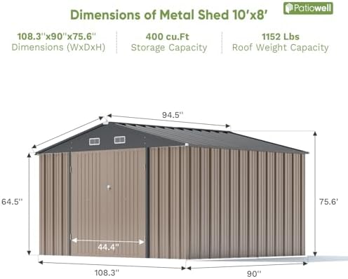Patiowell 10 x 8 FT Outdoor Storage Shed, Large Garden Tool Metal Shed