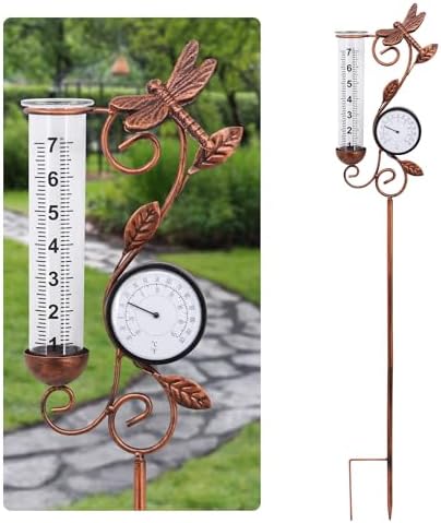 Dragonfly Rain Gauge Garden Decor, 32" Thermometer Patio Decor, 7" Capacity Rain Gauge Replacement Tube Glass, Outdoor Temperature Patio Decor