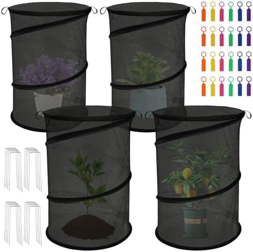 4 Pack Pop Up Plant Covers from Animals, 20" H X 13" D Insect Garden Covers, Round Foldable Mesh Plant Cover, Plant Protectors for Outdoor Plants, with Stakes and Labels (Black)
