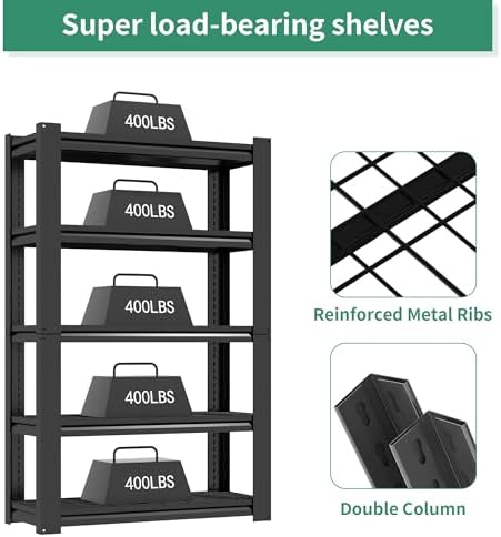 72" H Garage Shelving, Garage Shelves Heavy Duty, 5 Tier Adjustable Storage Shelves for Warehouse, Basement, Workshop, Kitchen, Require Assembly, 16''D*35.5''W*72''H, Black