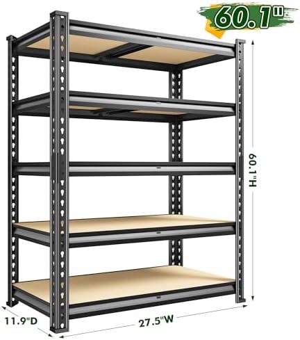 Garage Storage Shelves 60.1"H, 1990LBS Storage Shelves, 5 Tier Adjustable Storage Rack, Metal Shelves for Storage, Living Room, Pantry, Basement, Closet, Workshop Shelving 27.5" W x 11.9" D, Black