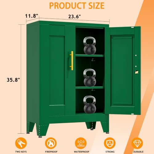 Small Metal Storage Cabinet, Lockable Tool Cabinet with Doors and 2 Shelves