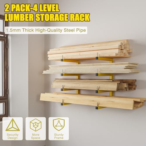 2-Pack Lumber Storage Rack, Wood Storage Racks Wall Mount, Heavy Duty Garage Wood Organizer with 4-Level System, Yellow Utility Rack Organization Up 800 Lbs, Metal Lumber Shelf for Indoor and Outdoor