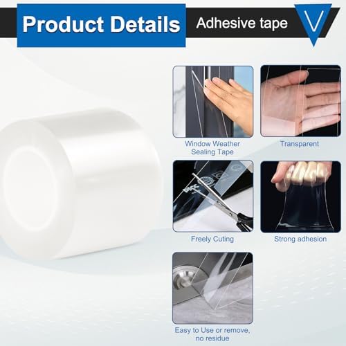 Window Weather Sealing Tape 3 Inch x 33 FT x 0.3 Mils Weather Stripping Residue-Free Clear Window Insulation Tape for Doors Windows and Shower Glass Gaps