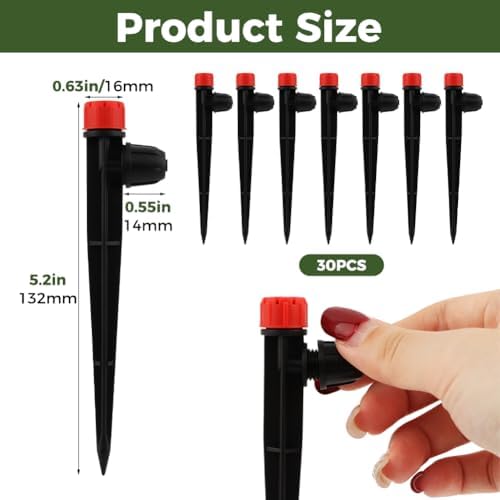 30 PCS Drip Irrigation Emitters with Stakes, 1/4 in Push-to-Connect Drippers, Adjustable 360° Water Output for Garden and Plant Watering(Color:Red)