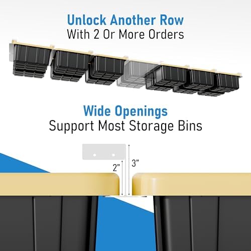 USA Based Overhead Garage Storage Rack, Connectable Heavy Duty Metal Ceiling Rails Garage Storage Organization Shelving System, Hanging Racks Tote Containers, Supports Up To 6 Bins, 4 Sets White