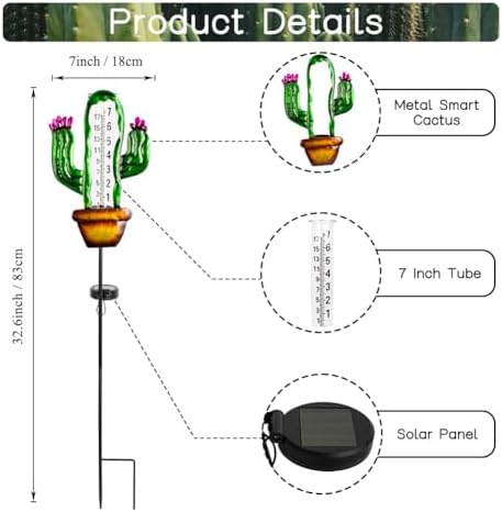 Stargarden Solar Rain Gauge Outdoor, Cactus Solar Powered Rain Gauge
