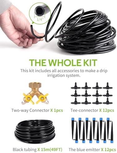 HIRALIY 50ft Drip Irrigation Kit Plant Watering System 8x5mm Blank Distribution Tubing DIY Automatic Irrigation Equipment Set for Garden Greenhouse Flower Bed Patio Lawn